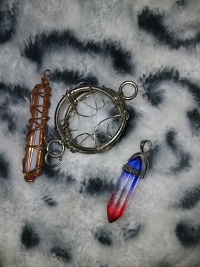 Wire-Wrapped Crystal Pendant Trio - Copper, Silver & Red/Blue Ombre